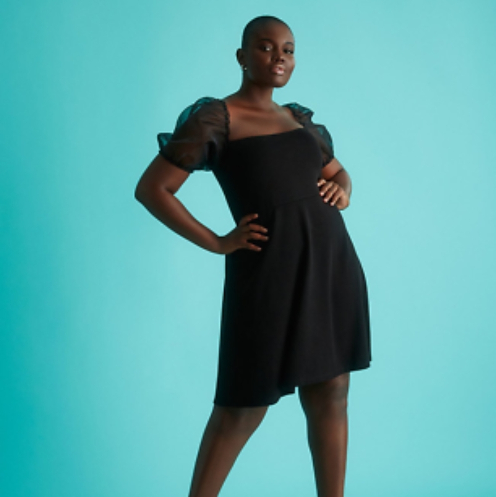 Black Dress With Organza Puff Sleeve